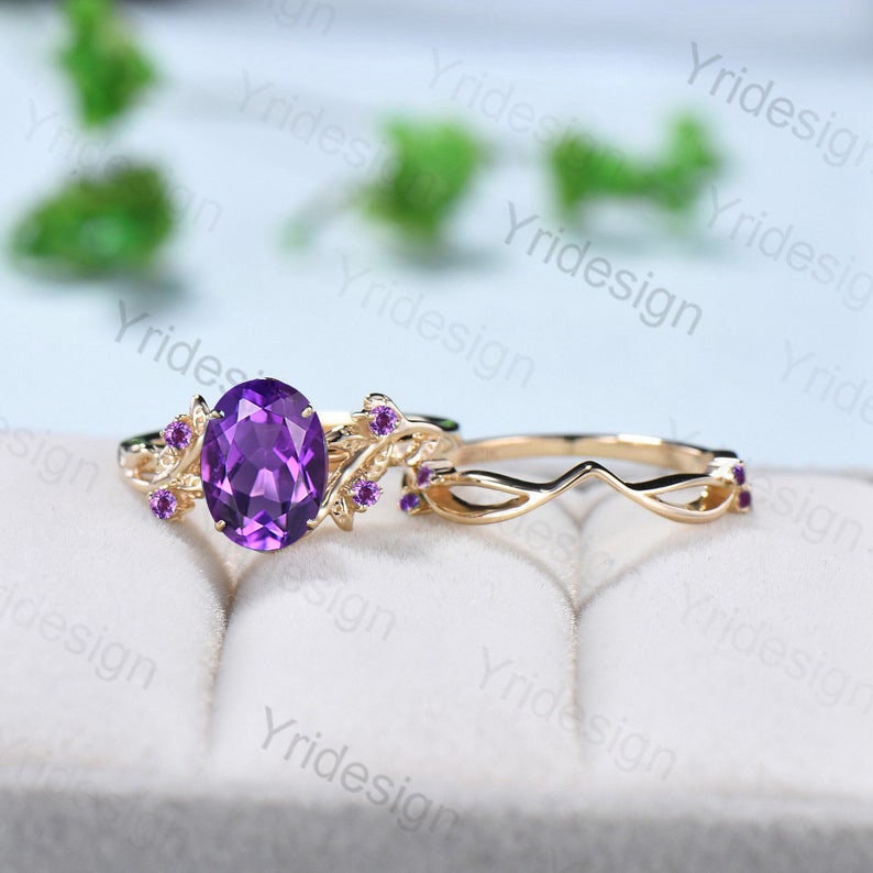 Nature Inspired amethyst ring set cluster rose gold purple amethyst engagement ring vintage unique Leaf crystal wedding ring set for women - PENFINE