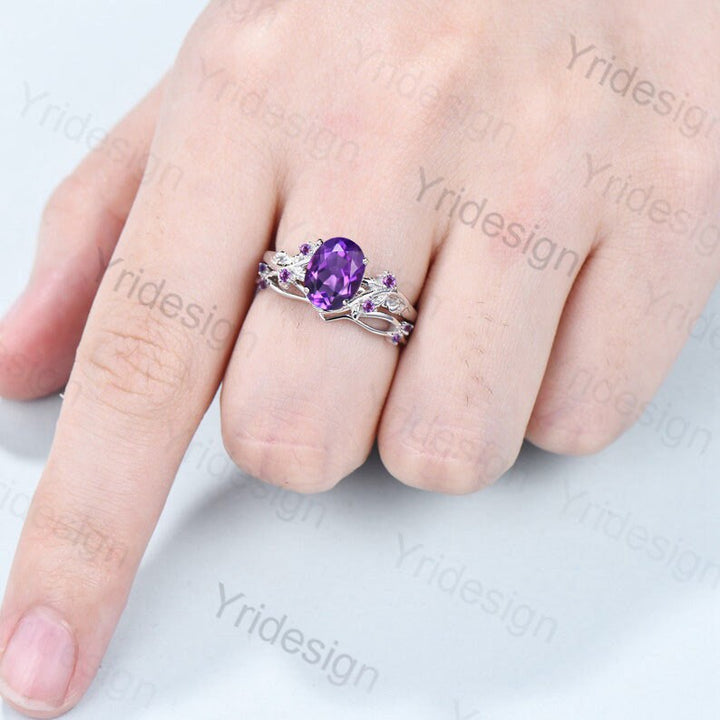 Nature Inspired amethyst ring set cluster rose gold purple amethyst engagement ring vintage unique Leaf crystal wedding ring set for women - PENFINE