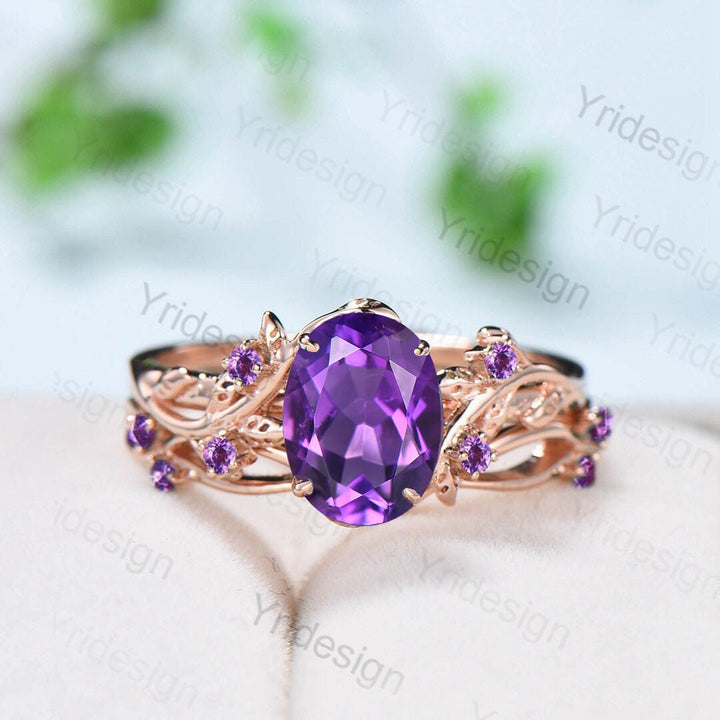 Nature Inspired amethyst ring set cluster rose gold purple amethyst engagement ring vintage unique Leaf crystal wedding ring set for women - PENFINE