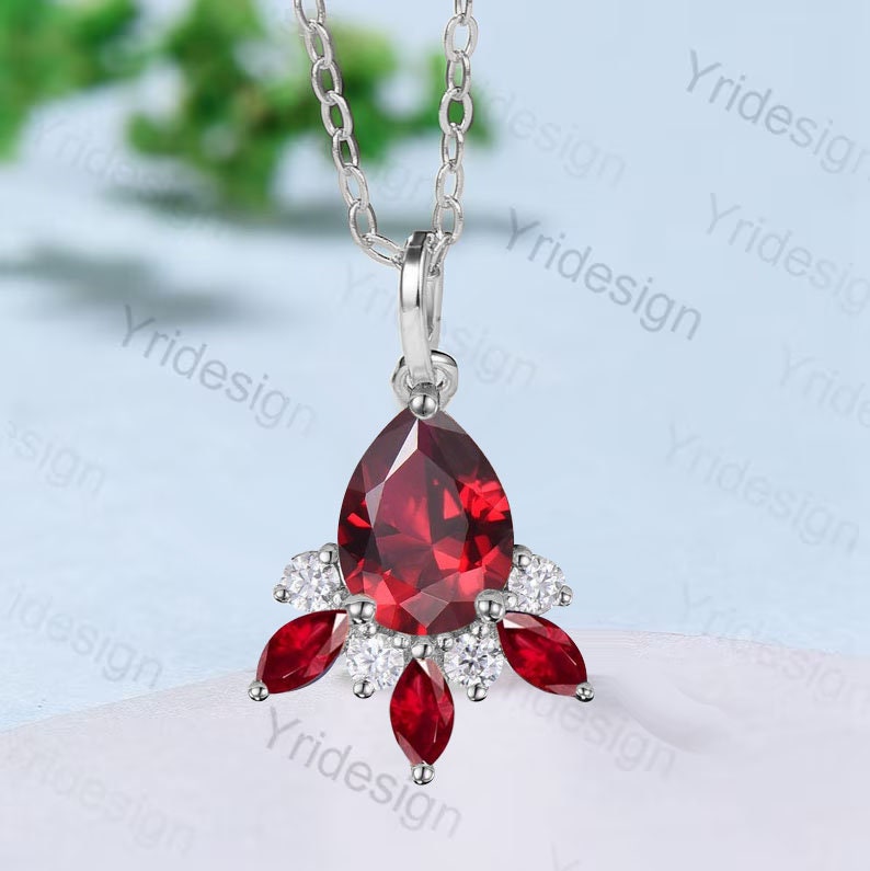 Vintage Teardrop red ruby pendant necklace marquise ruby moissanite pendant 14k/18k rose gold necklace promise engagement gift for women - PENFINE