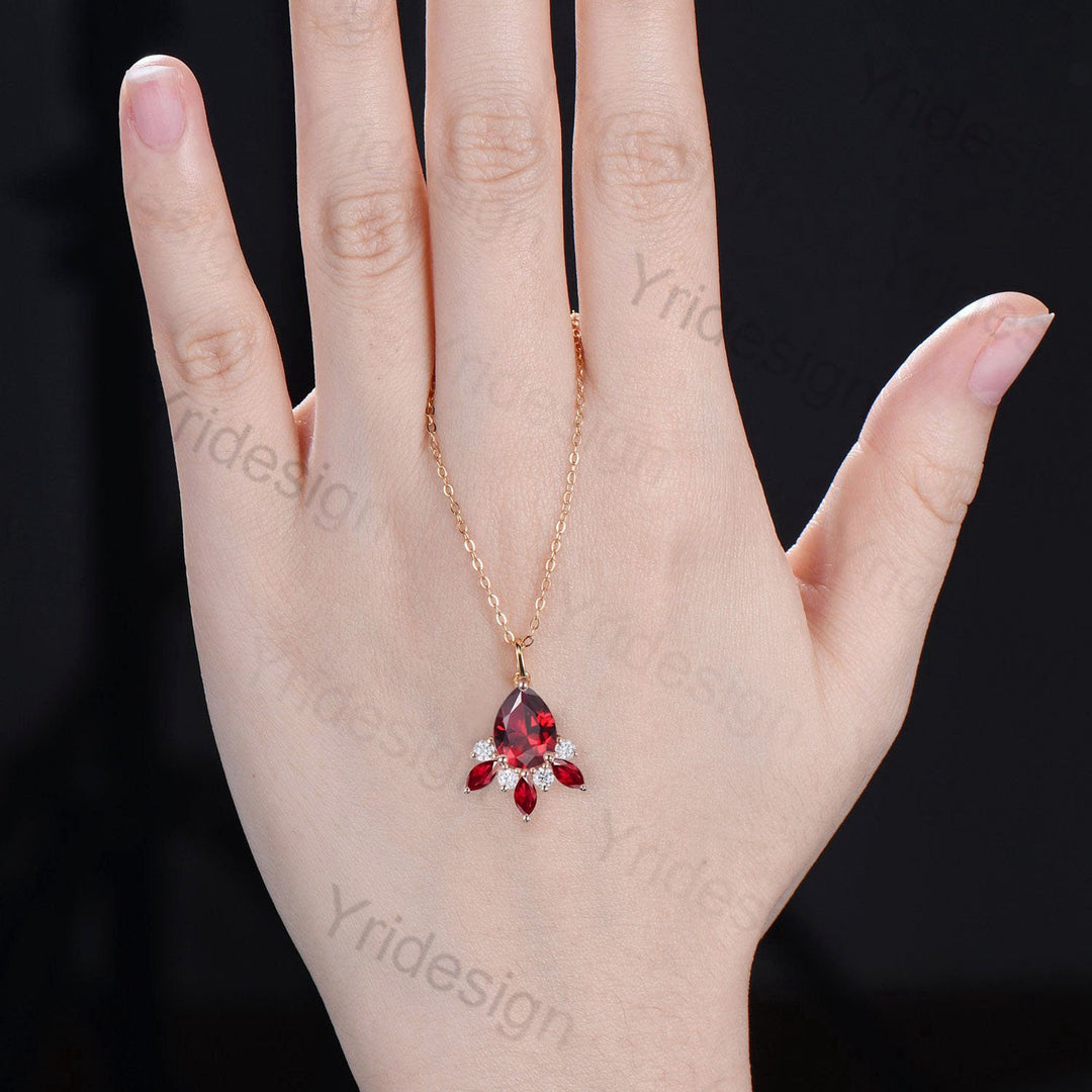 Vintage Teardrop red ruby pendant necklace marquise ruby moissanite pendant 14k/18k rose gold necklace promise engagement gift for women - PENFINE