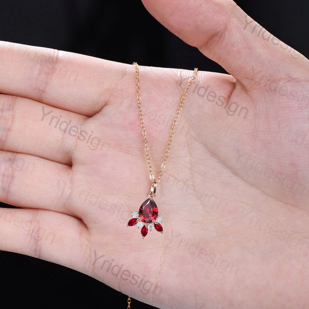 Vintage Teardrop red ruby pendant necklace marquise ruby moissanite pendant 14k/18k rose gold necklace promise engagement gift for women - PENFINE