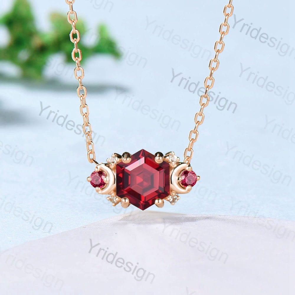 Vintage hexagon garnet pendant necklace cluster moissanite moon pendant necklace 14k/18k rose gold garnet necklace promise gift for women - PENFINE