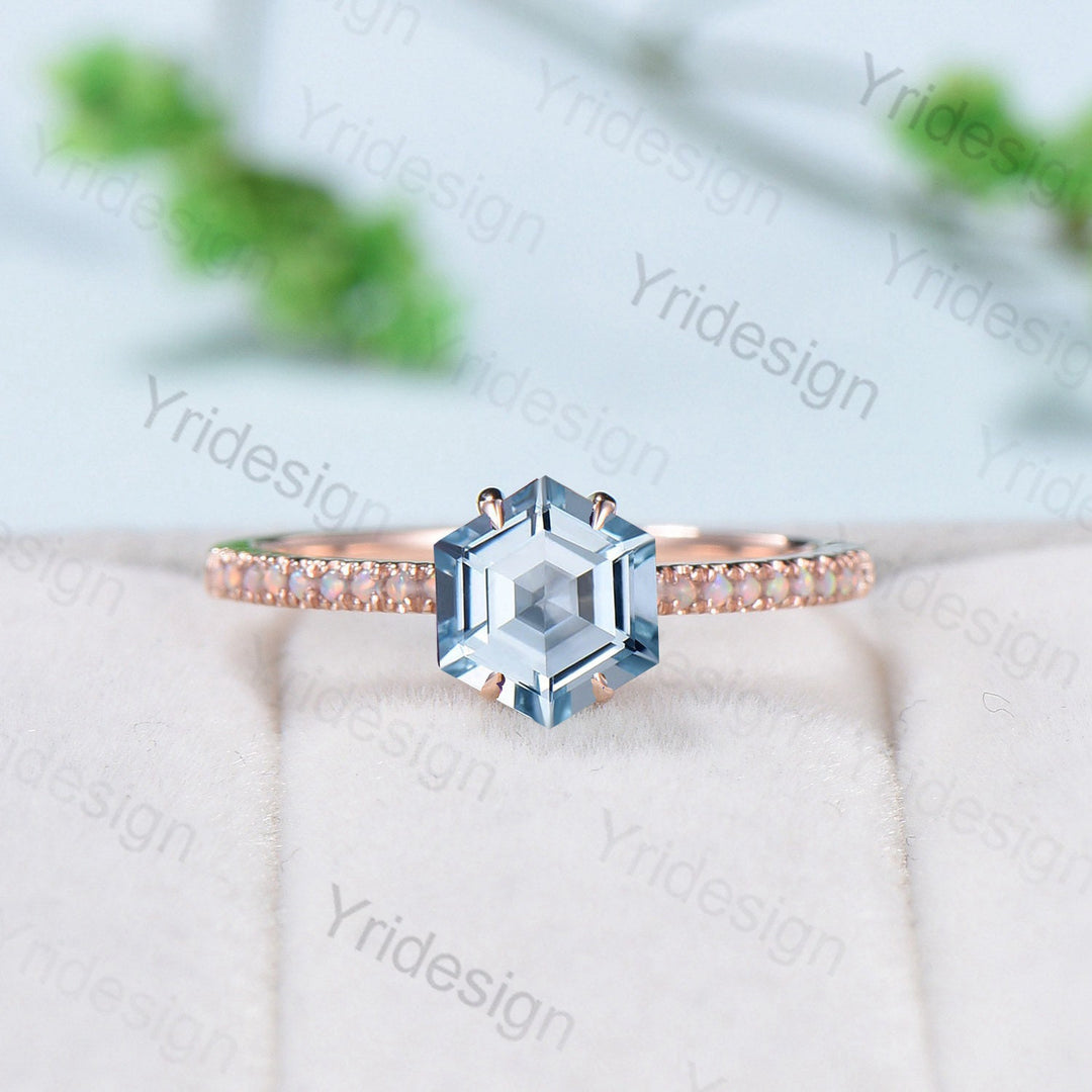 Vintage aquamarine engagement ring set rose gold art deco fire opal Natural aquamarine wedding ring set for women Unique stacking bridal set - PENFINE