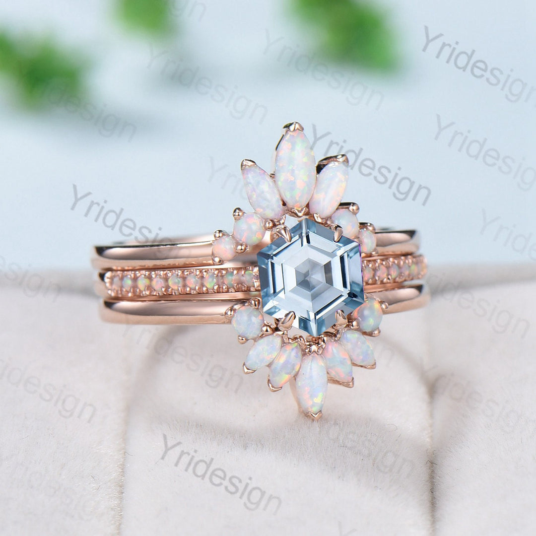 Vintage aquamarine engagement ring set rose gold art deco fire opal Natural aquamarine wedding ring set for women Unique stacking bridal set - PENFINE
