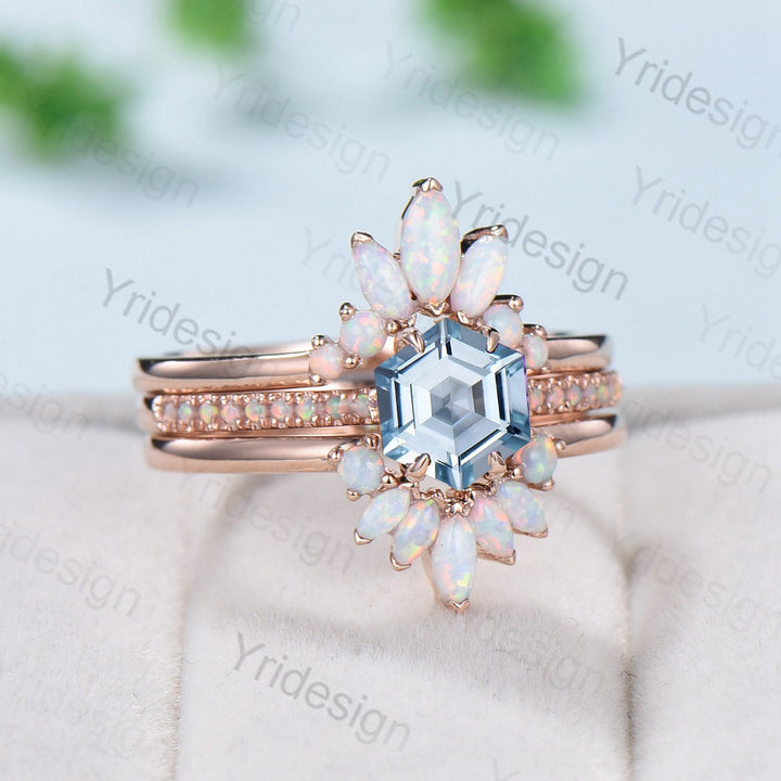 Vintage aquamarine engagement ring set rose gold art deco fire opal Natural aquamarine wedding ring set for women Unique stacking bridal set - PENFINE