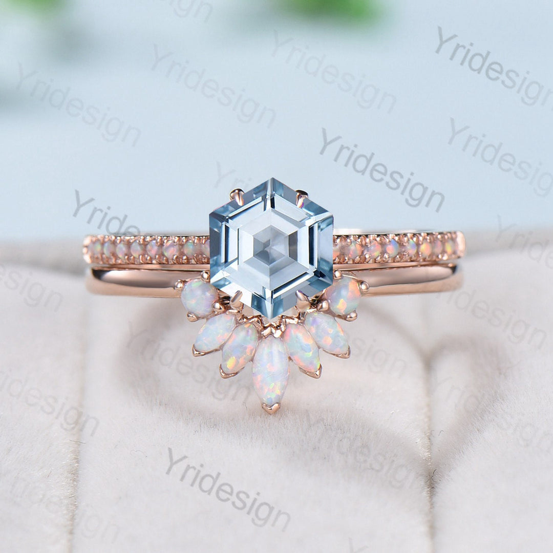 Vintage aquamarine engagement ring set rose gold art deco fire opal Natural aquamarine wedding ring set for women Unique stacking bridal set - PENFINE