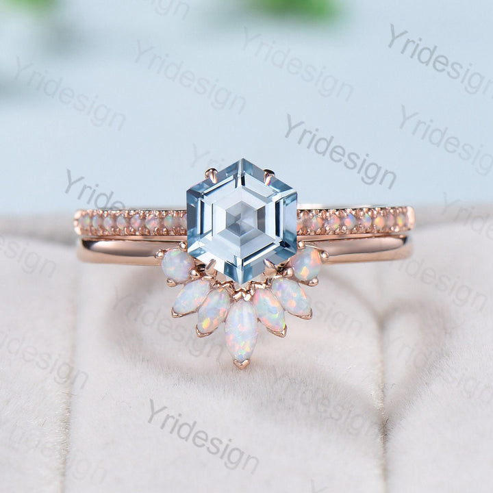 Vintage aquamarine engagement ring set rose gold art deco fire opal Natural aquamarine wedding ring set for women Unique stacking bridal set - PENFINE