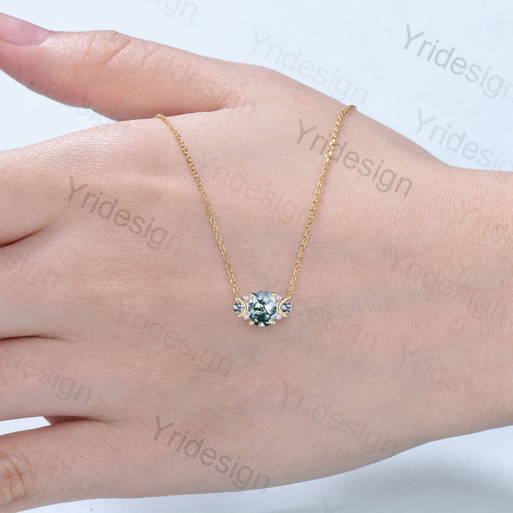 Vintage Moon Green Agate Pendant Necklace Unique Nature Inspired Moss Agate Pendant Alternative Cute Alexandrite Opal Necklace For Women - PENFINE