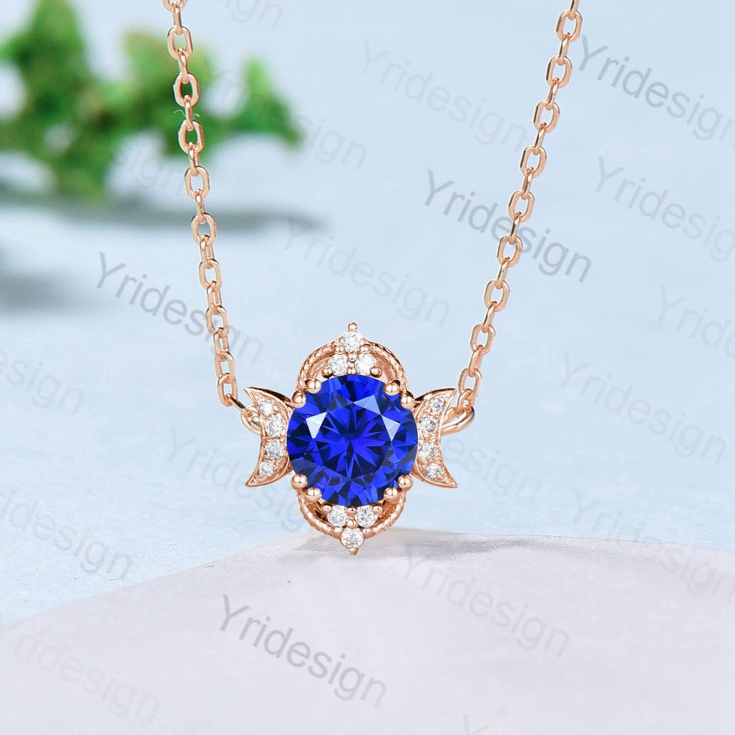 Nature Inspired Sapphire Pendant Necklace Vintage Unique Moon Style Pendant Necklace Rose Gold Art Deco Cute Sapphire Promise Gift for Women - PENFINE