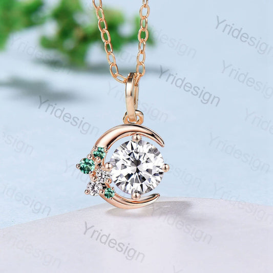Vintage Crescent moon Moissanite pendant necklace unique celestial moon pendant necklace emerald necklace delicate Handmade Gift For Women - PENFINE