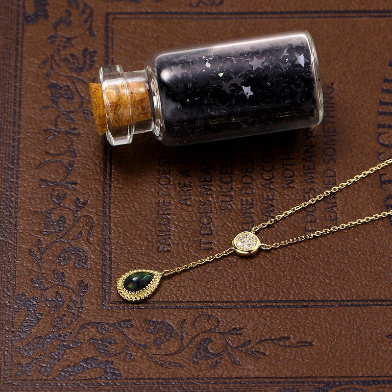 Vintage black opal pendant necklace Unique fire black opal solid 9k/14k/18k yellow gold  pendant floral moissanite pendant necklace for girl - PENFINE