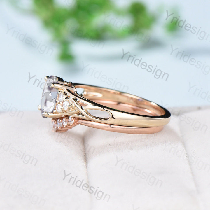 1.5CT Oval Lab Grown Diamond Engagement Ring Set IGI Certificate Vintage Cluster Diamond Wedding Ring Set Lab Grown 18K Rose Gold Ring Set - PENFINE