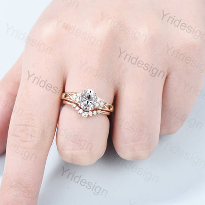 1.5CT Oval Lab Grown Diamond Engagement Ring Set IGI Certificate Vintage Cluster Diamond Wedding Ring Set Lab Grown 18K Rose Gold Ring Set - PENFINE