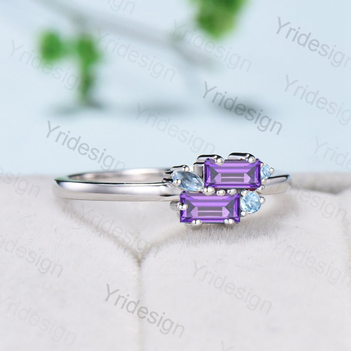 Unique Baguette Amethyst Ring Swiss Topaz Purple Crystal Wedding Ring Stacking Bridal Ring Dainty Matching Band Birthstone Anniversary Gift - PENFINE