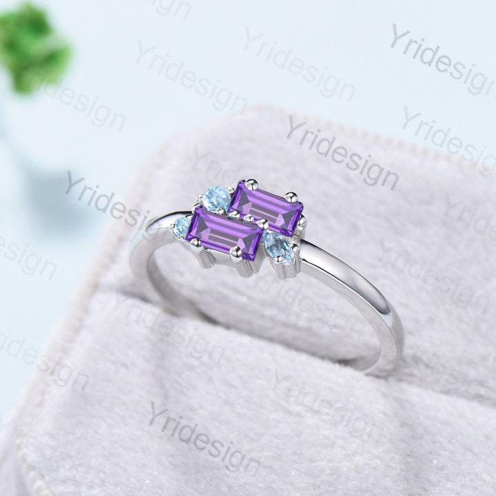 Unique Baguette Amethyst Ring Swiss Topaz Purple Crystal Wedding Ring Stacking Bridal Ring Dainty Matching Band Birthstone Anniversary Gift - PENFINE