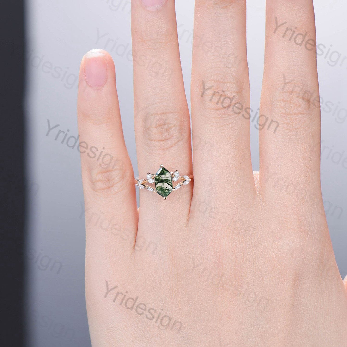 Unique Long hexagon cut moss agate ring Vintage Green Agate engagement ring delicate moissanite wedding ring art deco proposal gifts women - PENFINE