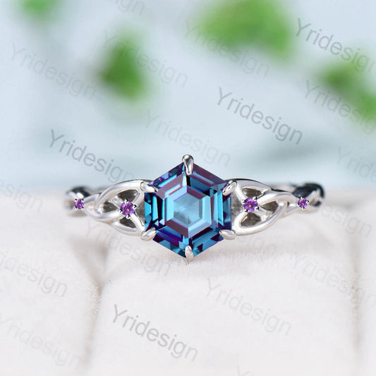 Unique Celtic Love Knot Alexandrite Engagement Ring Vintage Norse Viking Color Changing Wedding Ring For Women Cluster Amethyst Promise Ring - PENFINE