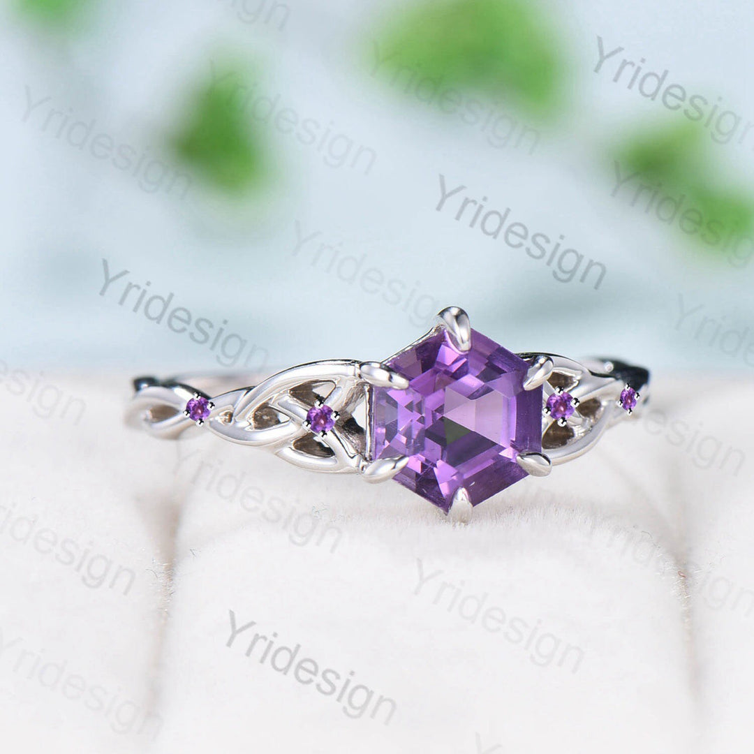 Unique Celtic Love Knot Amethyst Engagement Ring Vintage Norse Viking Purple Stone Cluster Wedding Ring For Women Handmade Promise Ring - PENFINE