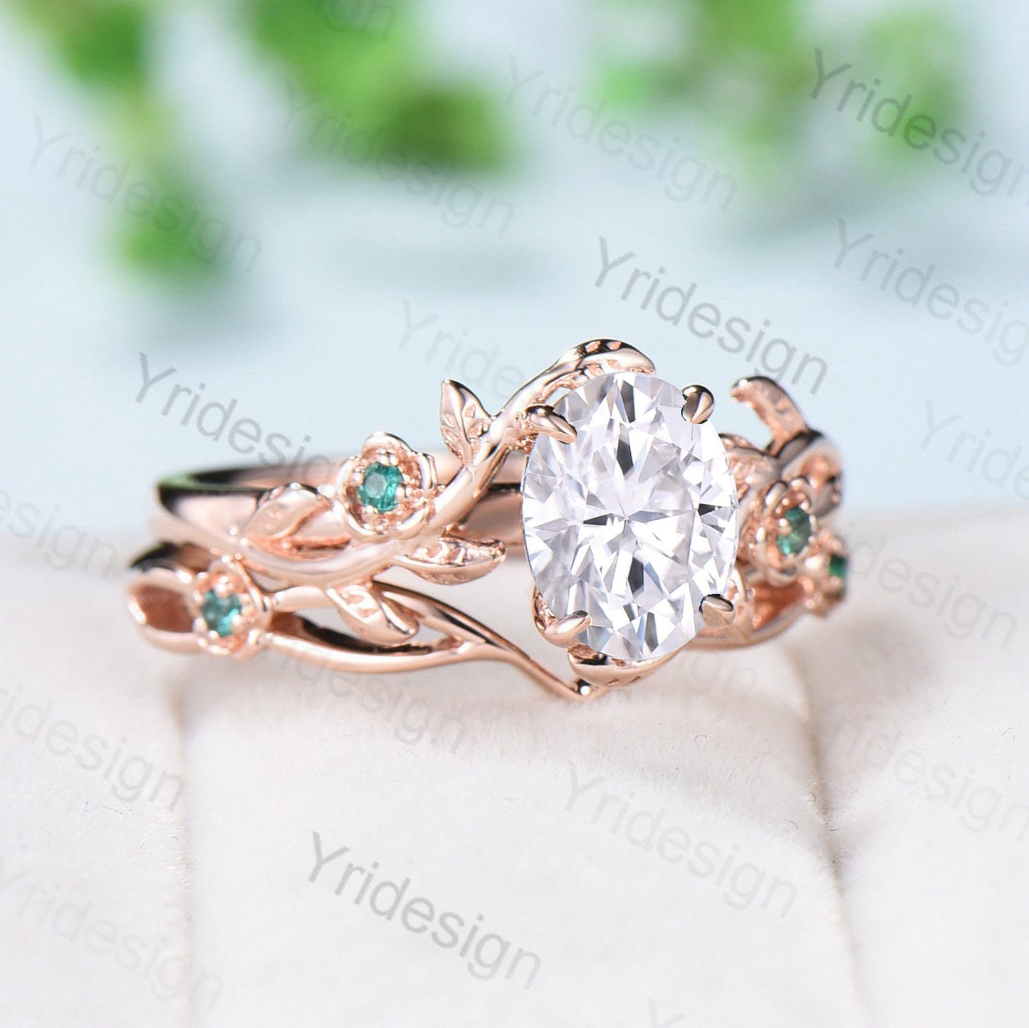 Vintage Floral moissanite emerald wedding ring set Nature Inspired flower engagement ring set unique twig leaf branch bridal ring set women - PENFINE