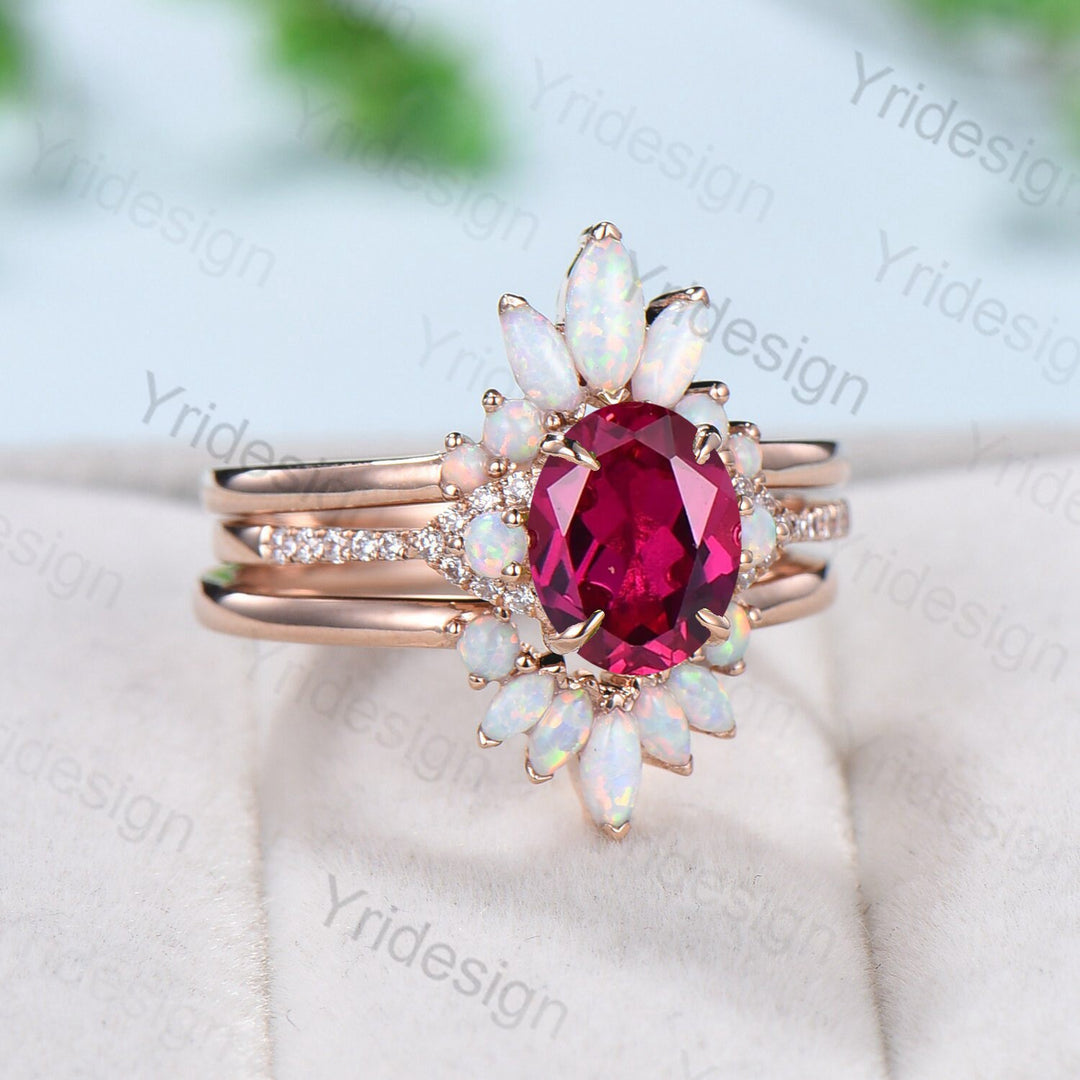 Vintage ruby opal engagement ring set 3 stone ruby moissanite wedding set Art deco opal stacking bridal set ring July Birthstone ring women - PENFINE