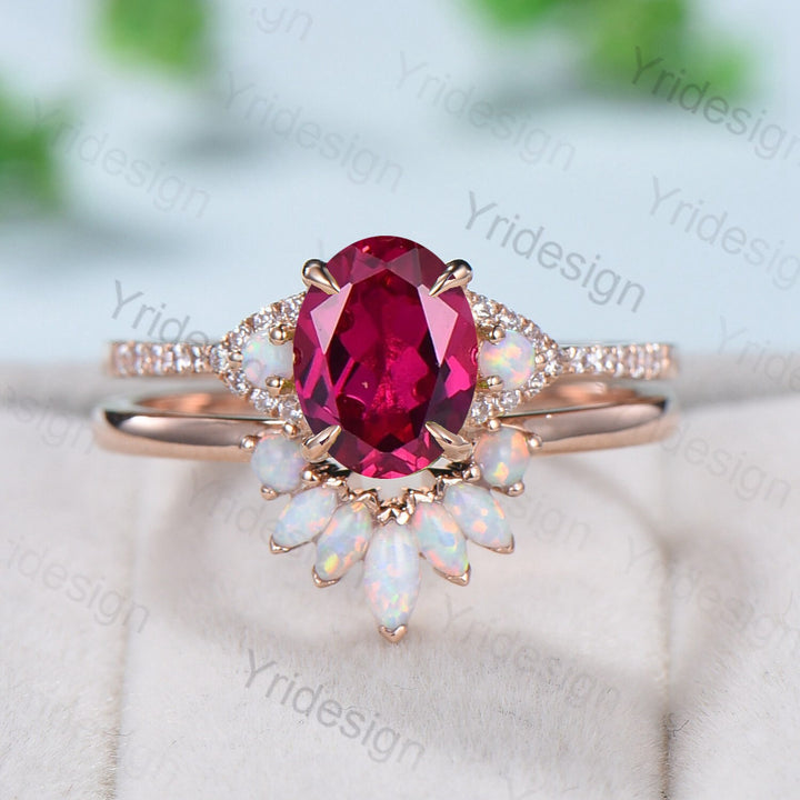 Vintage ruby opal engagement ring set 3 stone ruby moissanite wedding set Art deco opal stacking bridal set ring July Birthstone ring women - PENFINE