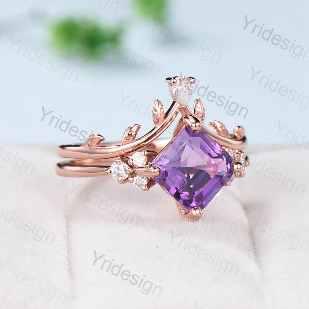 7mm Asscher Cut Amethyst Wedding Ring Set Cluster Moissanite Purple Crystal Engagement Ring Leaf Branch Nature Inspired Bridal Set For Women - PENFINE