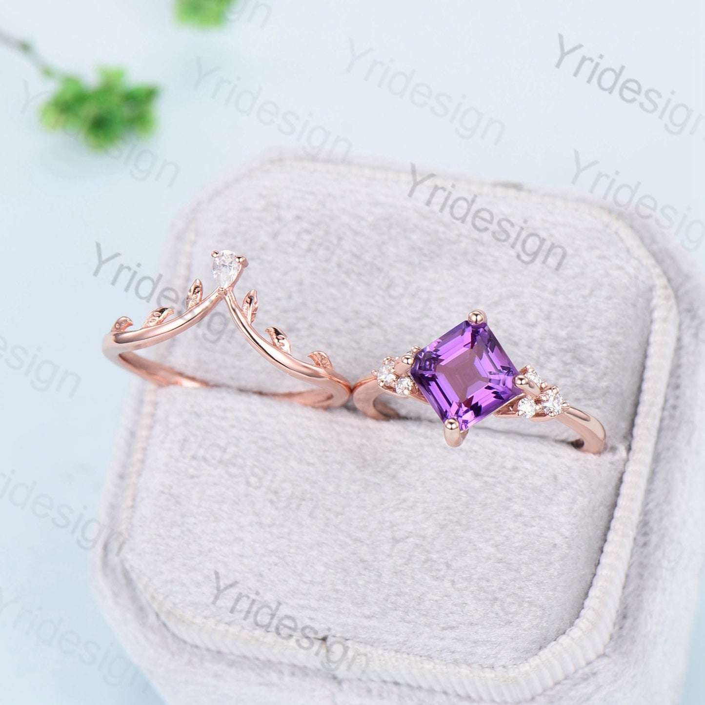 7mm Asscher Cut Amethyst Wedding Ring Set Cluster Moissanite Purple Crystal Engagement Ring Leaf Branch Nature Inspired Bridal Set For Women - PENFINE