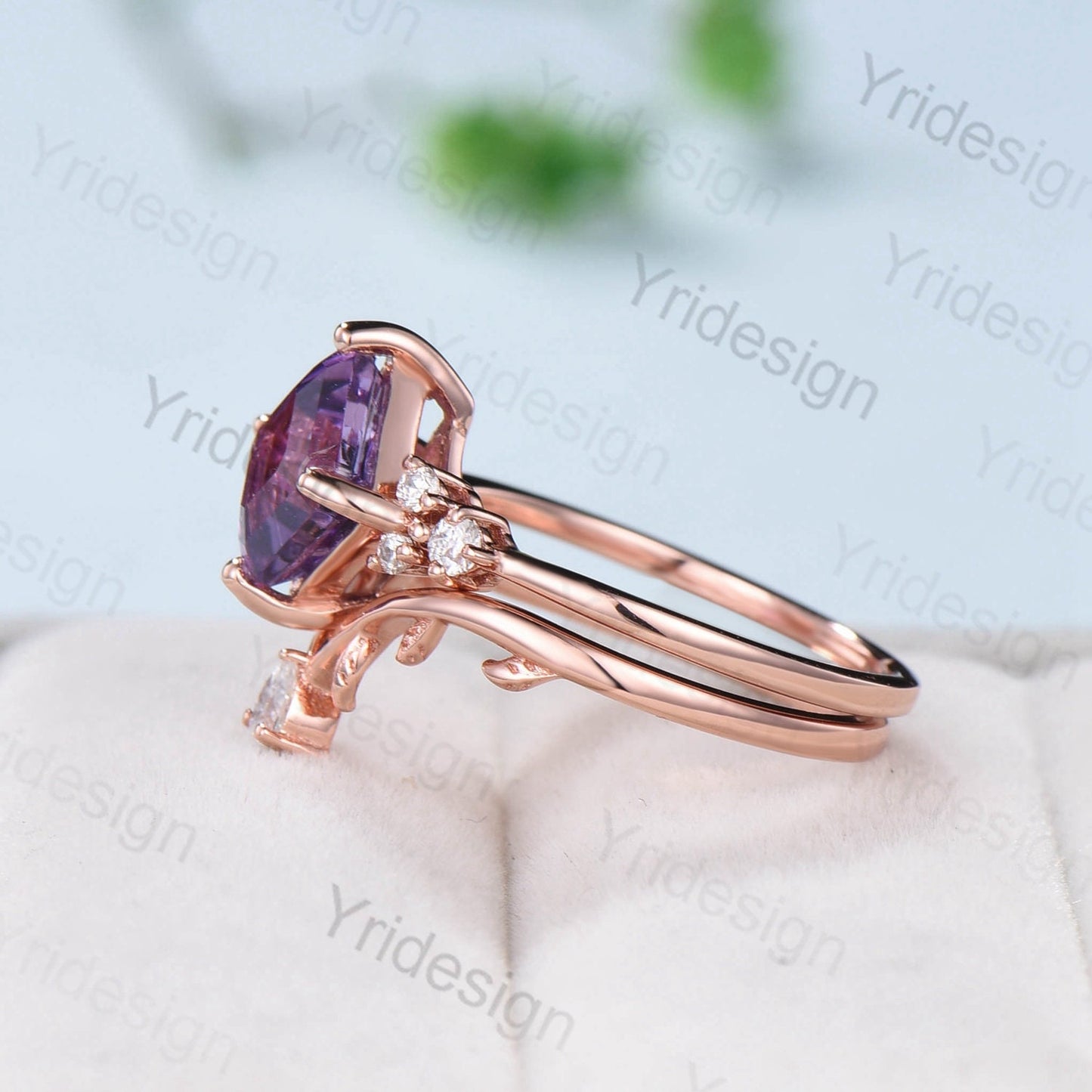 7mm Asscher Cut Amethyst Wedding Ring Set Cluster Moissanite Purple Crystal Engagement Ring Leaf Branch Nature Inspired Bridal Set For Women - PENFINE