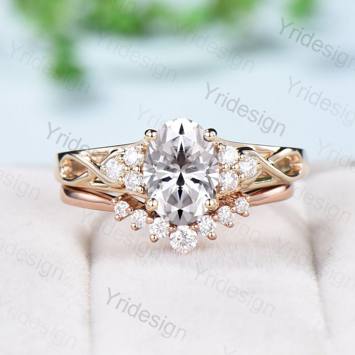 1.5CT Oval Lab Grown Diamond Engagement Ring Set IGI Certificate Vintage Cluster Diamond Wedding Ring Set Lab Grown 18K Rose Gold Ring Set - PENFINE