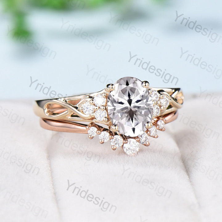 1.5CT Oval Lab Grown Diamond Engagement Ring Set IGI Certificate Vintage Cluster Diamond Wedding Ring Set Lab Grown 18K Rose Gold Ring Set - PENFINE