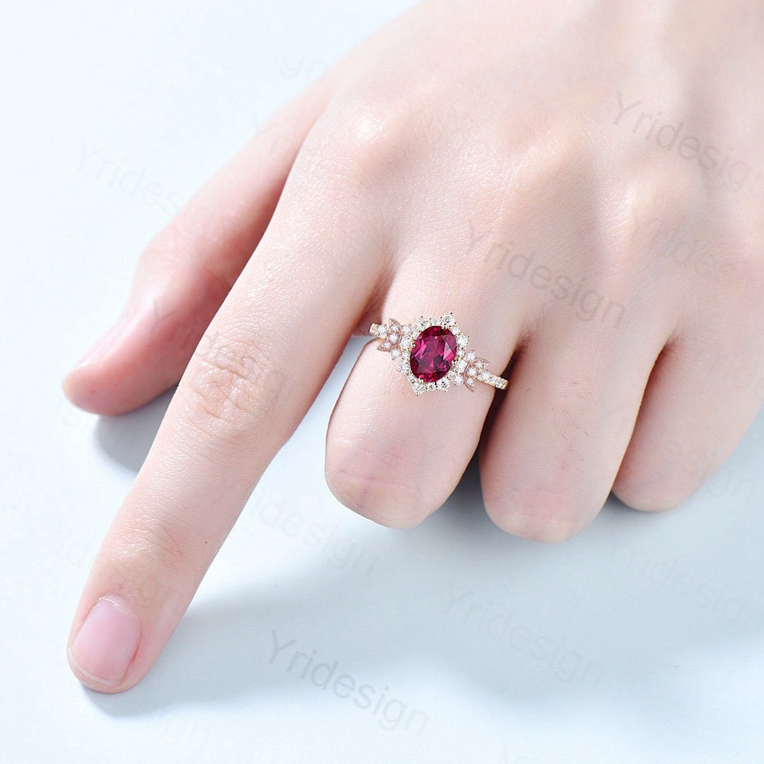 Vintage oval ruby engagement ring unqiue moon bridal ring for women halo moissanite pave set wedding ring rose gold promise anniversary gift - PENFINE