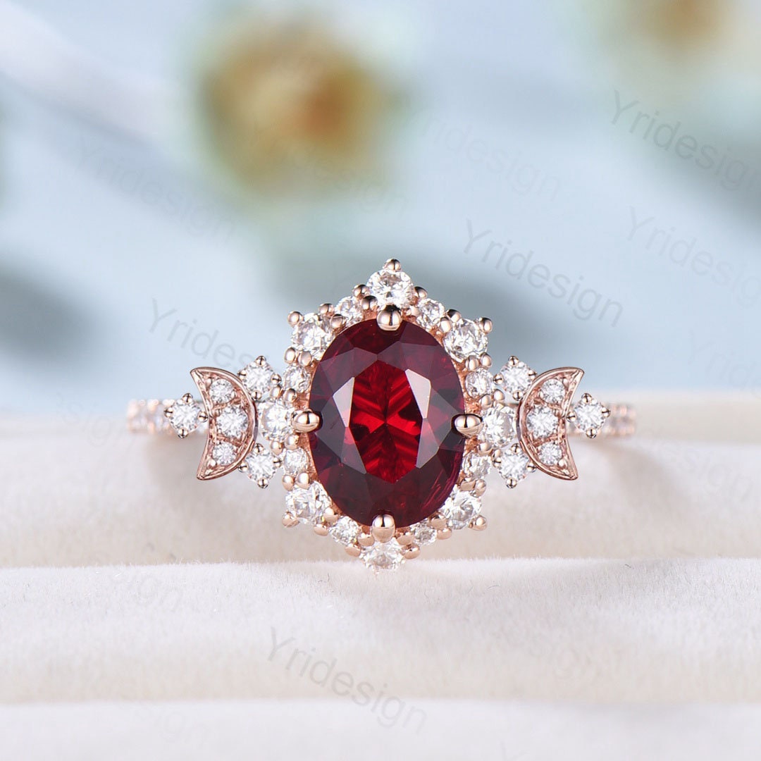 Vintage oval ruby engagement ring unqiue moon bridal ring for women halo moissanite pave set wedding ring rose gold promise anniversary gift - PENFINE