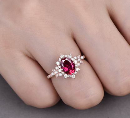 Vintage oval ruby engagement ring unqiue moon bridal ring for women halo moissanite pave set wedding ring rose gold promise anniversary gift - PENFINE