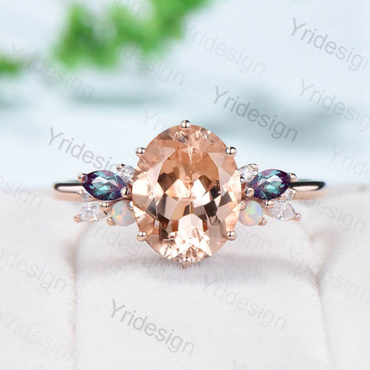 8X10mm Natural Morganite Engagement Ring Vintage Unique Rose Gold Cluster Alexandrite Opal Moissanite Wedding Ring For Women Oval Cut Ring - PENFINE