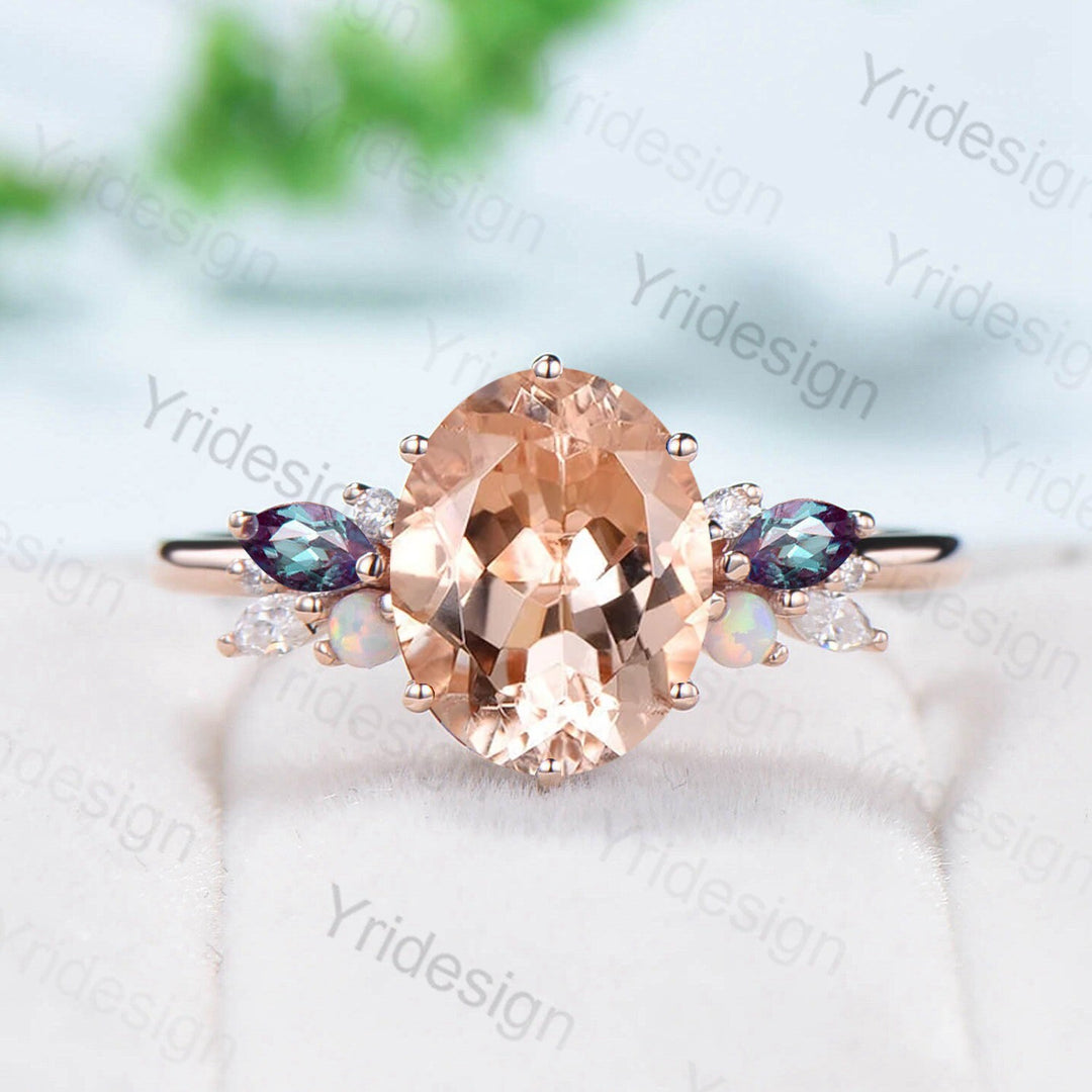 8X10mm Natural Morganite Engagement Ring Vintage Unique Rose Gold