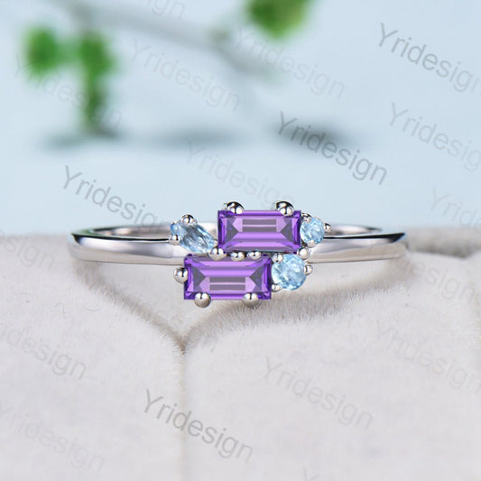 Unique Baguette Amethyst Ring Swiss Topaz Purple Crystal Wedding Ring Stacking Bridal Ring Dainty Matching Band Birthstone Anniversary Gift - PENFINE