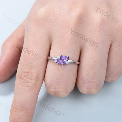 Unique Baguette Amethyst Ring Swiss Topaz Purple Crystal Wedding Ring Stacking Bridal Ring Dainty Matching Band Birthstone Anniversary Gift - PENFINE