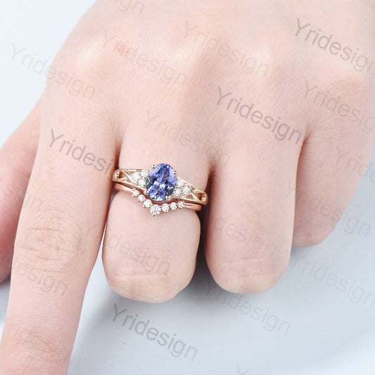 Celtic Love Tanzanite Engagement Ring Set 18K Yellow Gold Vintage Natural Tanzanite Cluster Diamond Art Deco Wedding Ring Set For Women - PENFINE