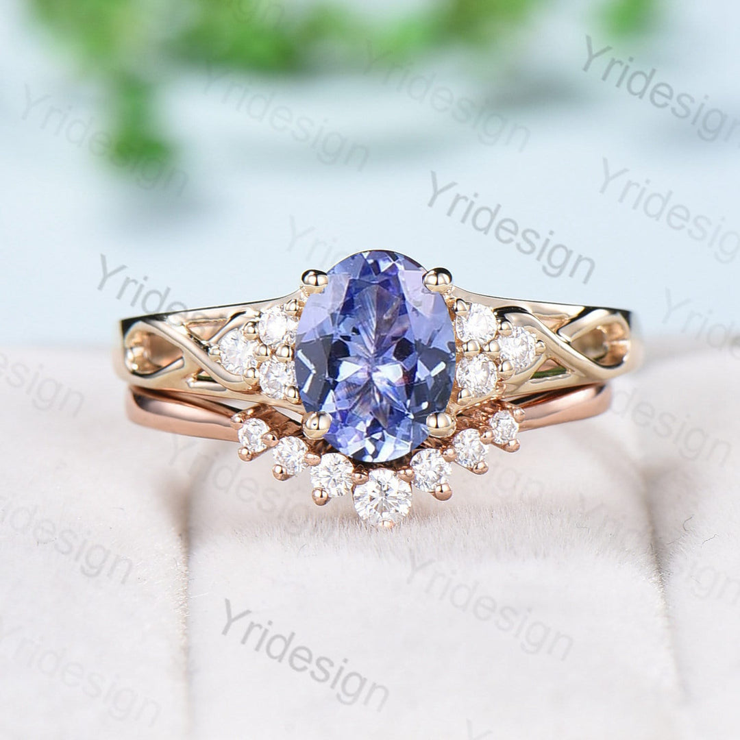 Celtic Love Tanzanite Engagement Ring Set 18K Yellow Gold Vintage Natural Tanzanite Cluster Diamond Art Deco Wedding Ring Set For Women - PENFINE