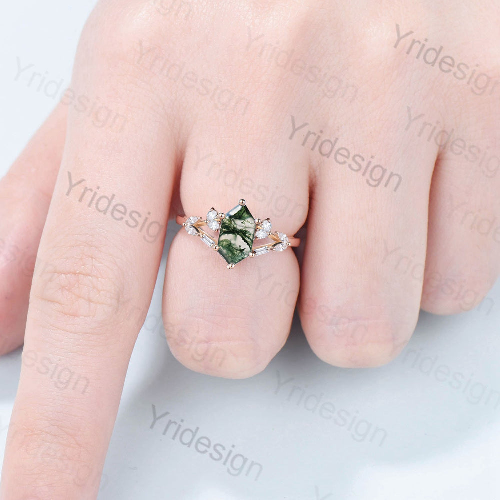 Unique Long hexagon cut moss agate ring Vintage Green Agate engagement ring delicate moissanite wedding ring art deco proposal gifts women - PENFINE