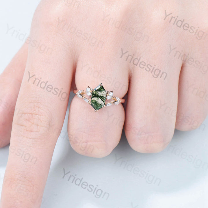 Unique Long hexagon cut moss agate ring Vintage Green Agate engagement ring delicate moissanite wedding ring art deco proposal gifts women - PENFINE