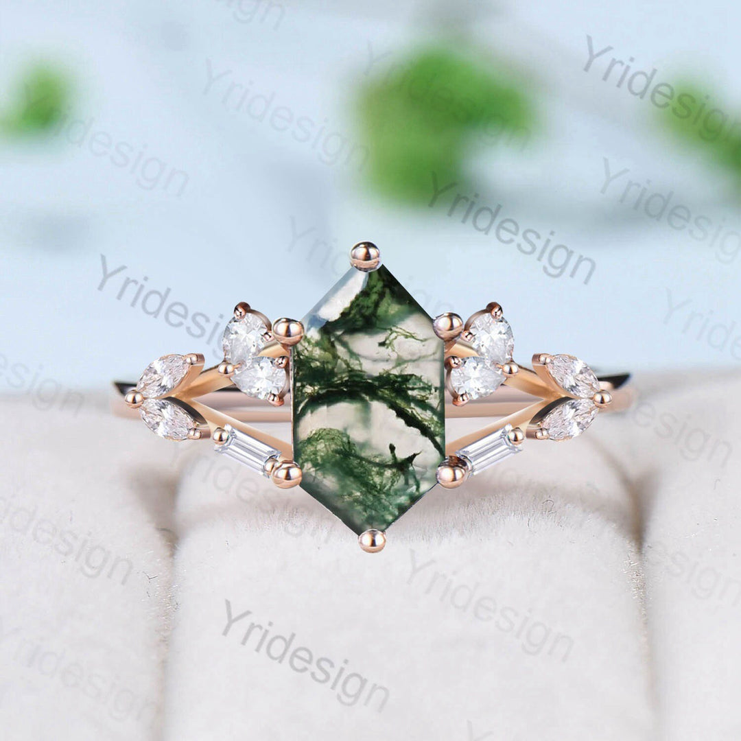 Unique Long hexagon cut moss agate ring Vintage Green Agate engagement ring delicate moissanite wedding ring art deco proposal gifts women - PENFINE