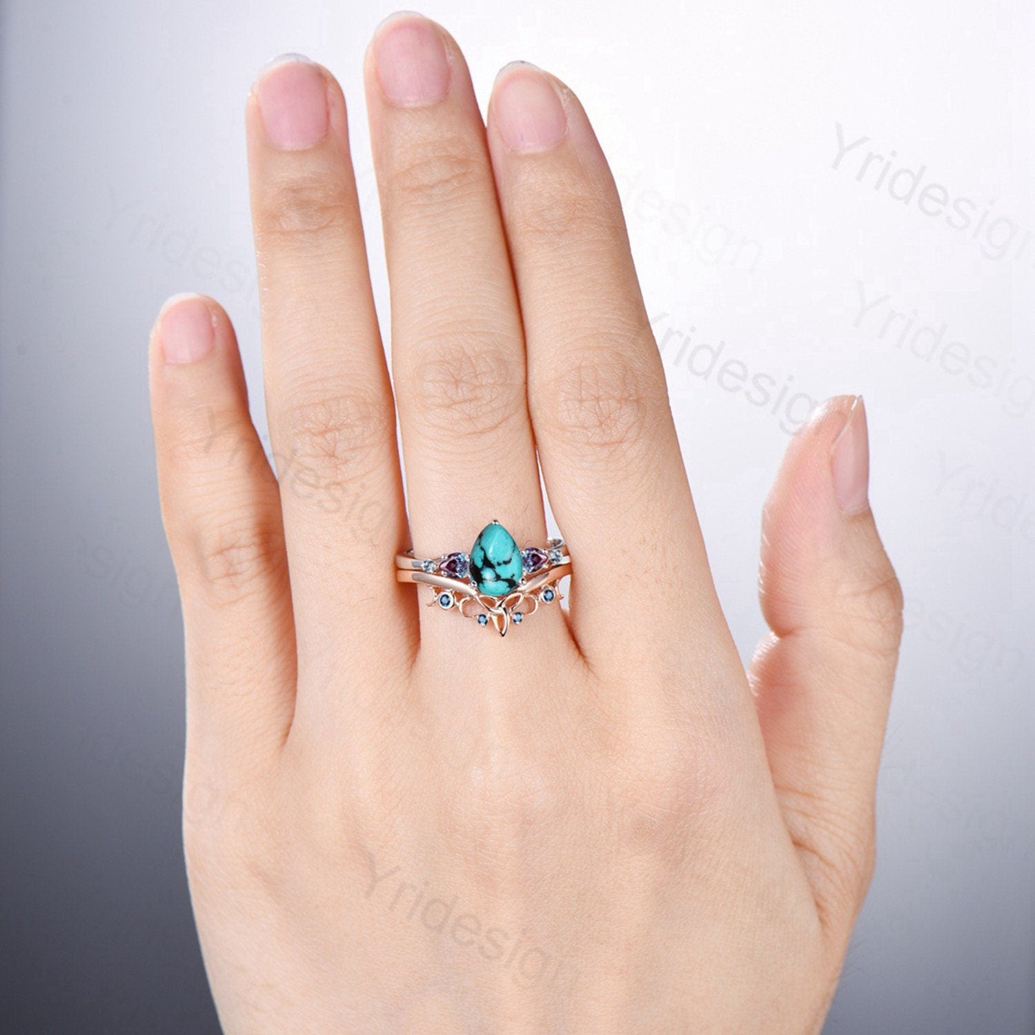 Unique Hexagon Cut London Blue Topaz Engagement online Ring Set Celtic Knot Sterling Silver Rose Gold Wedding Band 7 Stone Cluster Moissanite Ring