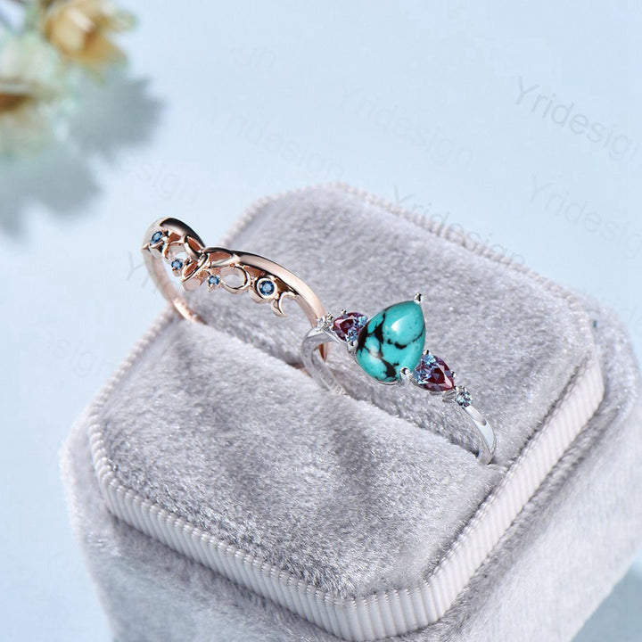 Vintage pear shaped turquoise engagement ring set five stone unique alexandrite wedding ring set Celtic Knot London Blue Topaz Stacking Band - PENFINE