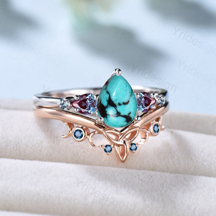 Vintage pear shaped turquoise engagement ring set five stone unique alexandrite wedding ring set Celtic Knot London Blue Topaz Stacking Band - PENFINE