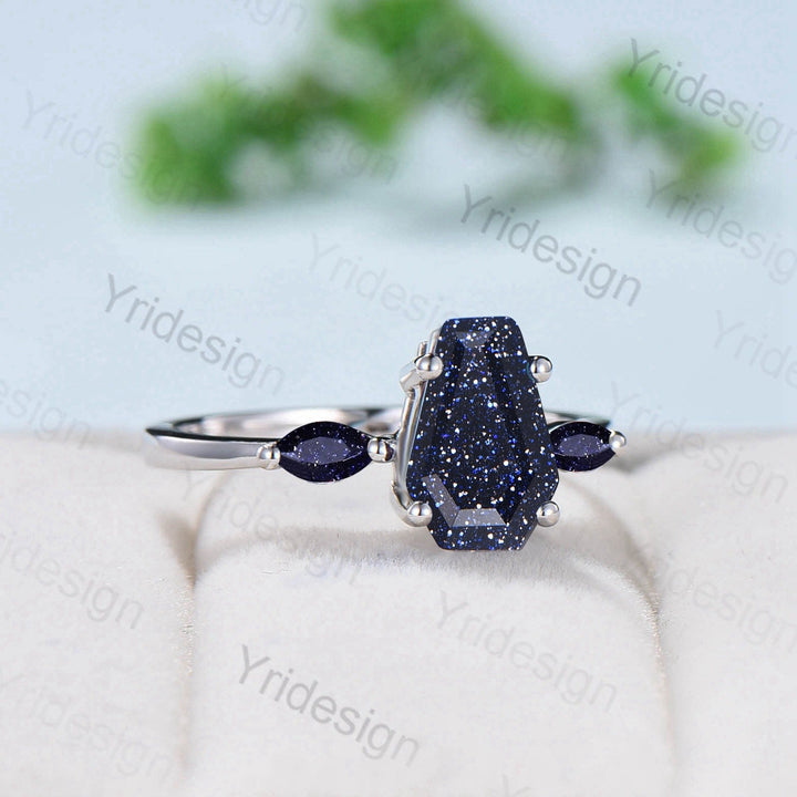 Minimalist Coffin Shaped Blue Sandstone Ring Dainty Marquise Galaxy Star Shield Three Stone Goldstone Wedding Ring Proposal Gifts for Women - PENFINE