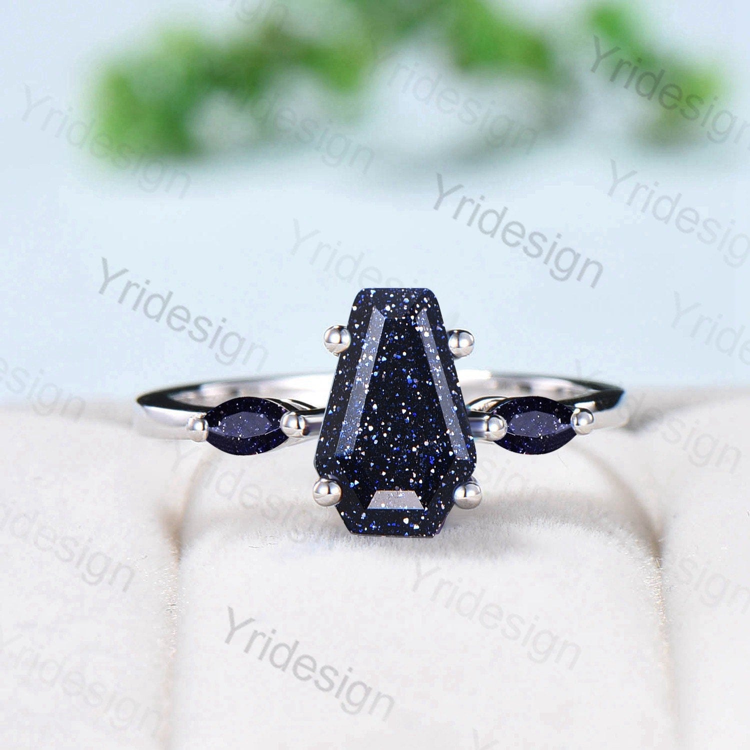 Minimalist Coffin Shaped Blue Sandstone Ring Dainty Marquise Galaxy Star Shield Three Stone Goldstone Wedding Ring Proposal Gifts for Women - PENFINE