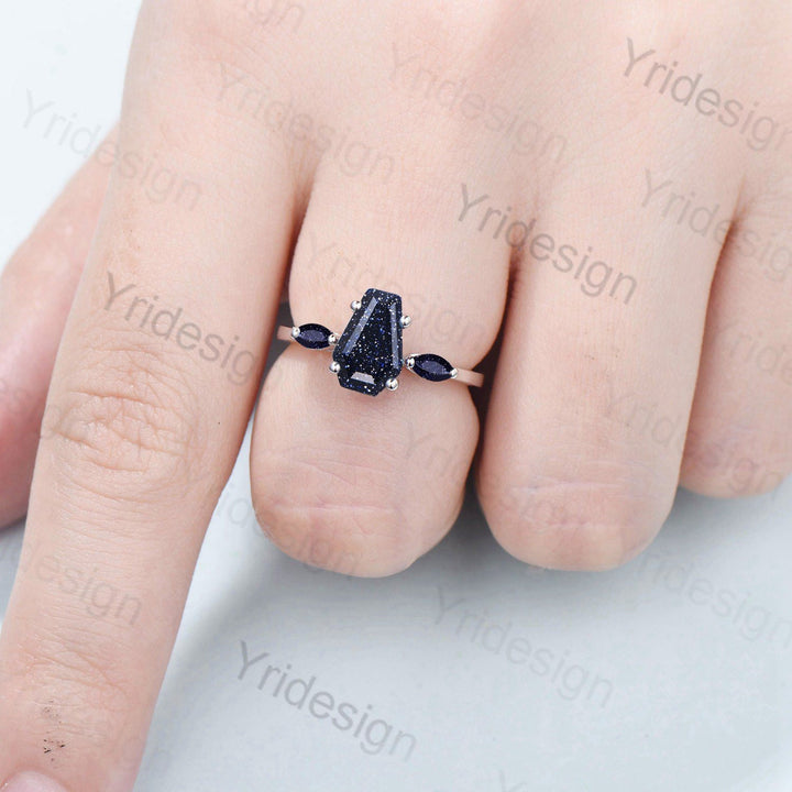 Minimalist Coffin Shaped Blue Sandstone Ring Dainty Marquise Galaxy Star Shield Three Stone Goldstone Wedding Ring Proposal Gifts for Women - PENFINE