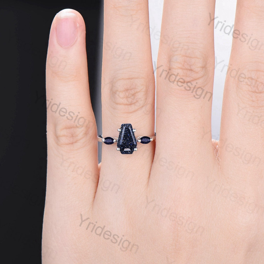 Minimalist Coffin Shaped Blue Sandstone Ring Dainty Marquise Galaxy Star Shield Three Stone Goldstone Wedding Ring Proposal Gifts for Women - PENFINE